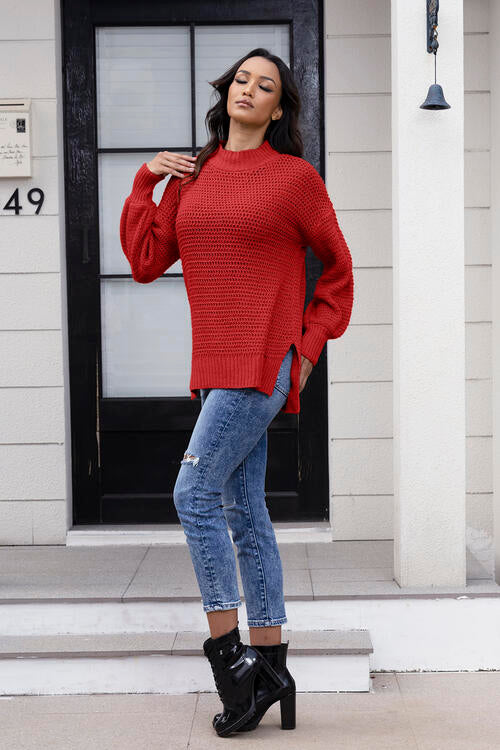 Round Neck Slit Sweater | Casual Solid Sweater With Ribbed Cuffs Hem & Neck