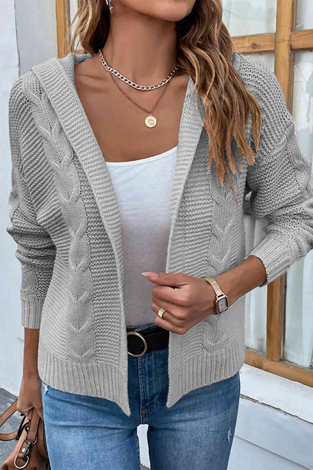 Cable-Knit Dropped Shoulder Hooded Cardigan | Casual Solid Ribbed Cardigan