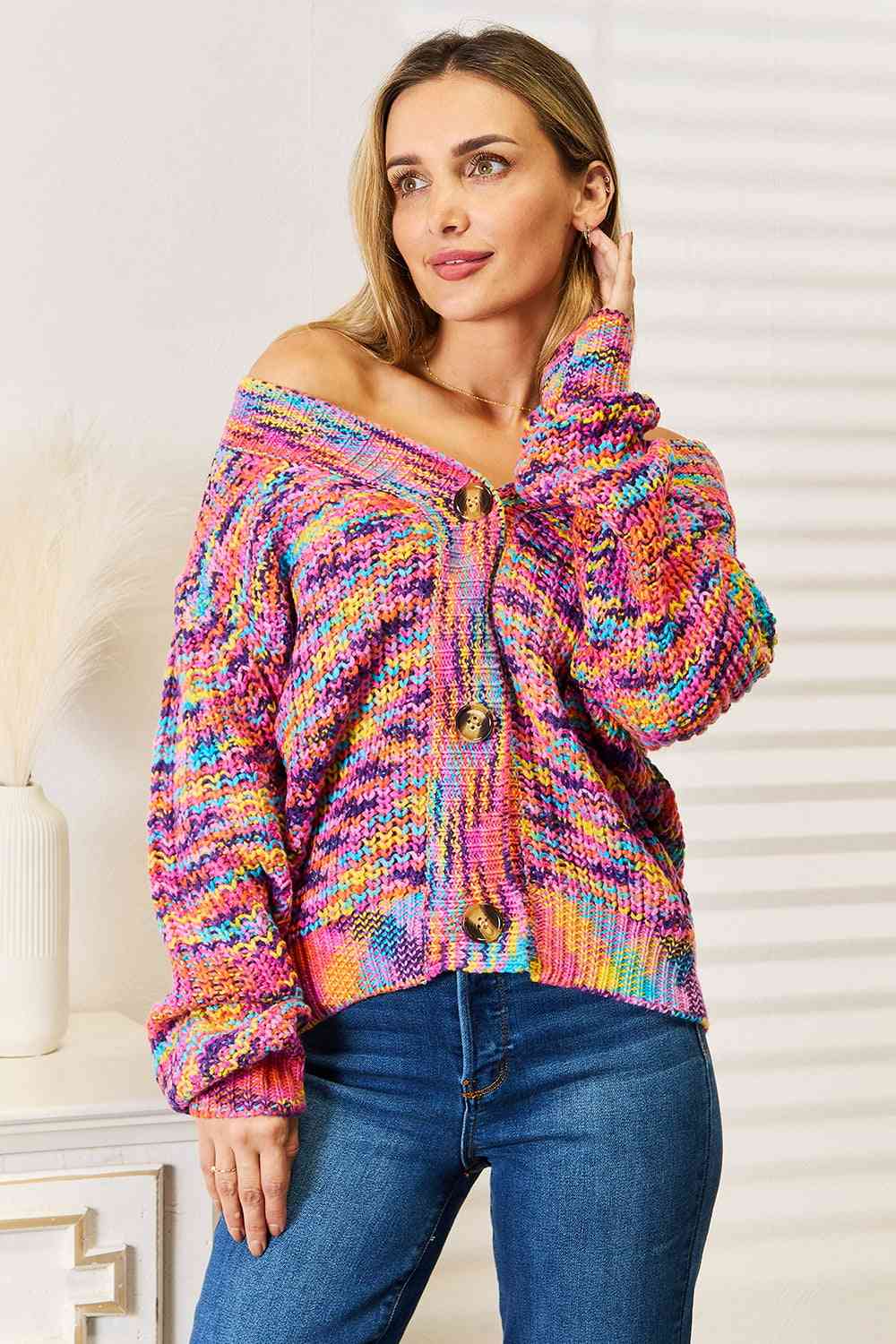 Woven Right V-Neck Long Sleeve Cardigan | Casual Multicolor Acrylic Cardigan