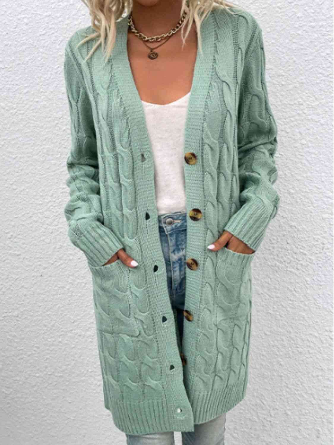 Cable-Knit Button Down Cardigan with Pockets | Cardigan With Ribbed Details