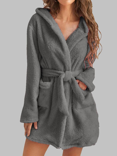 Tie Waist Hooded Robe | Soft Solid Stretched Polyester Robe With Pockets