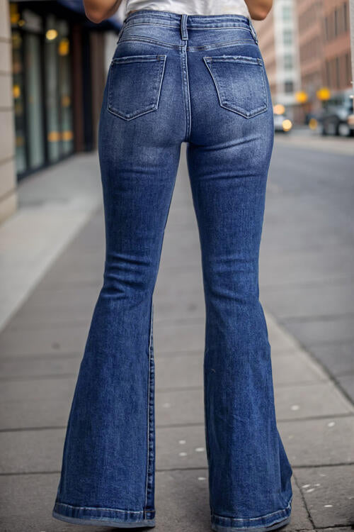Plus Size High Waist Flare Jeans | Casual Pocketed Slightly Stretchy Jeans