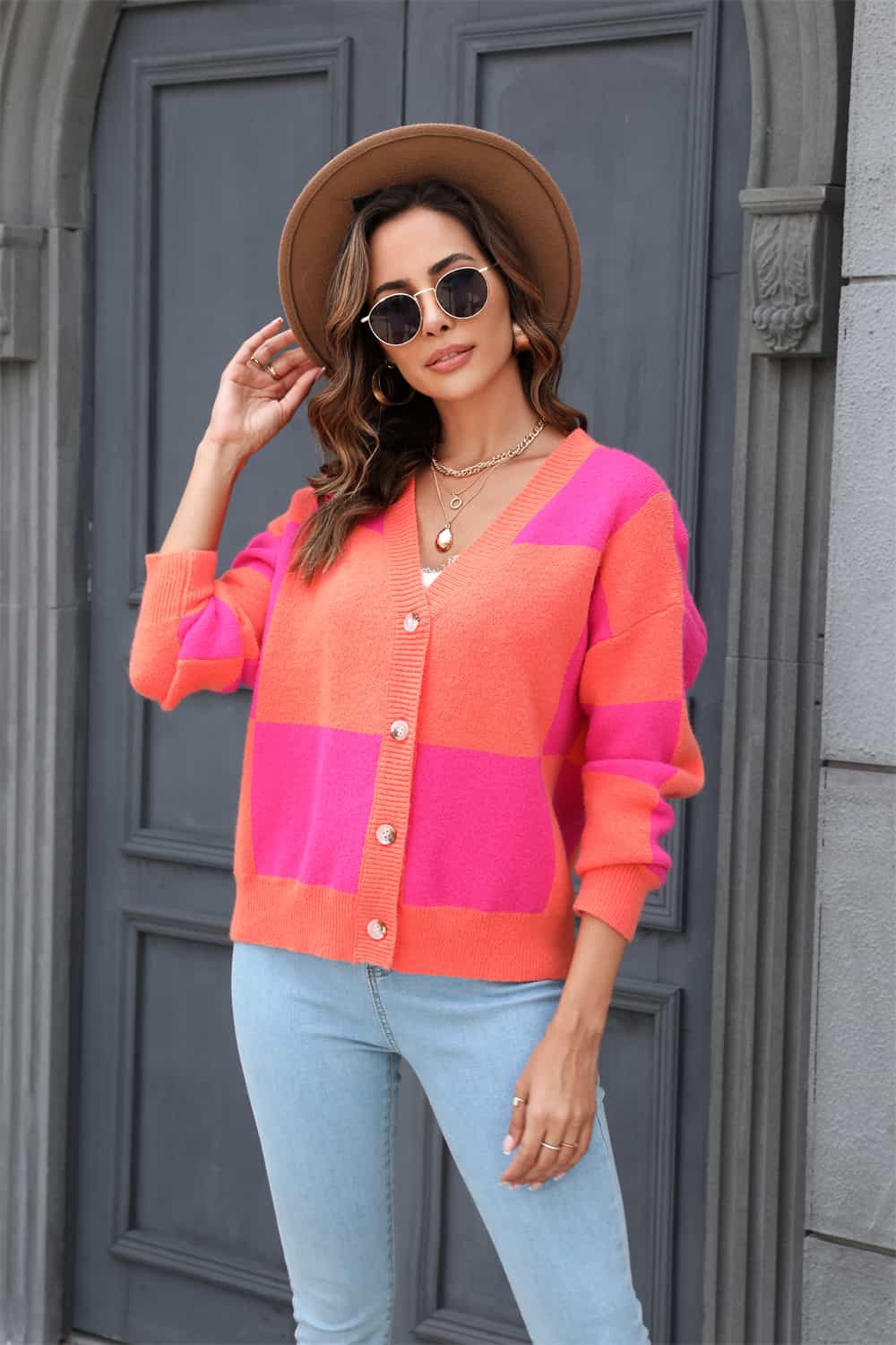 Plaid V-Neck Dropped Shoulder Cardigan | Casual Color Block Buttoned Cardigan
