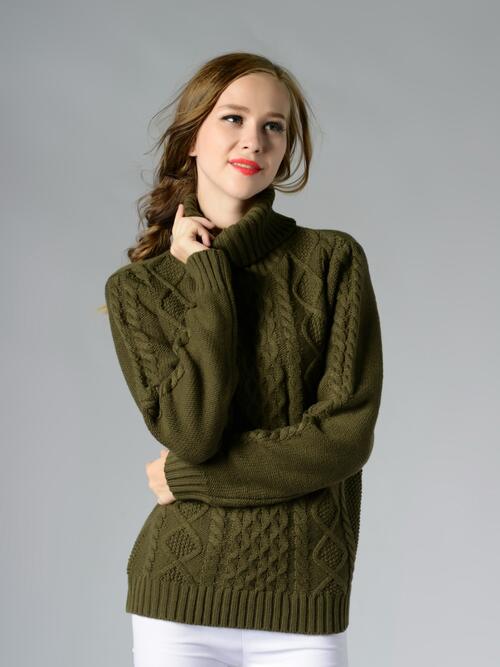 Cable-Knit Turtleneck Long Sleeve Sweater | Woman's Casual Acrylic Sweater