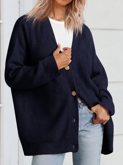 Button Up Long Sleeve Cardigan | Casual Drop Shoulder Polyester Cardigan