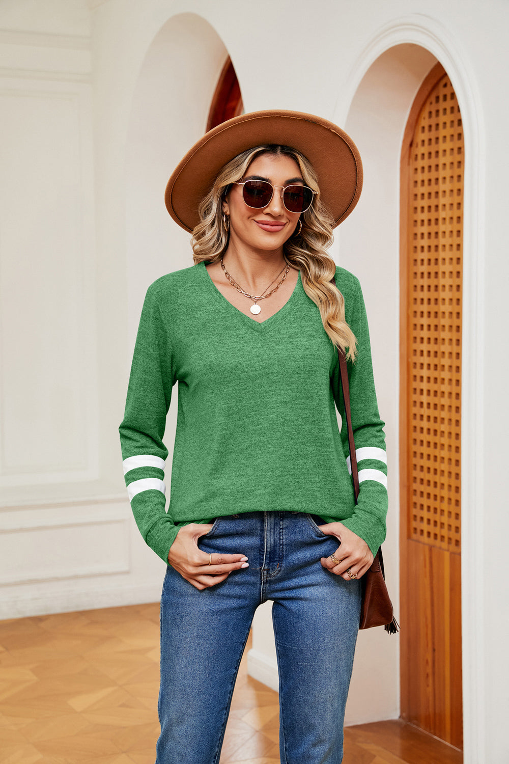 V-Neck Long Sleeve T-Shirt | Casual Woman's T-Shirt With Long Cuffed Sleeves