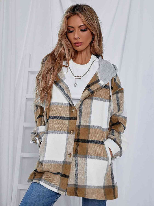 Plaid Hooded Jacket with Pockets | Casual Polyester Jacket With Long Sleeves