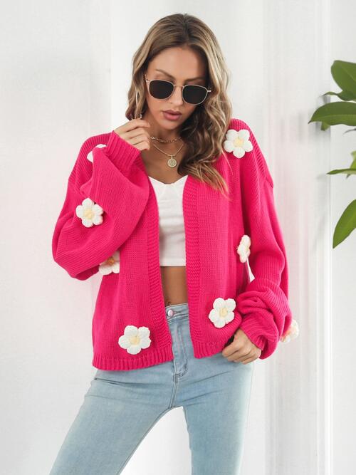 Floral Open Front Long Sleeve Cardigan | Ribbed Cuffs & Hem Acrylic Cardigan