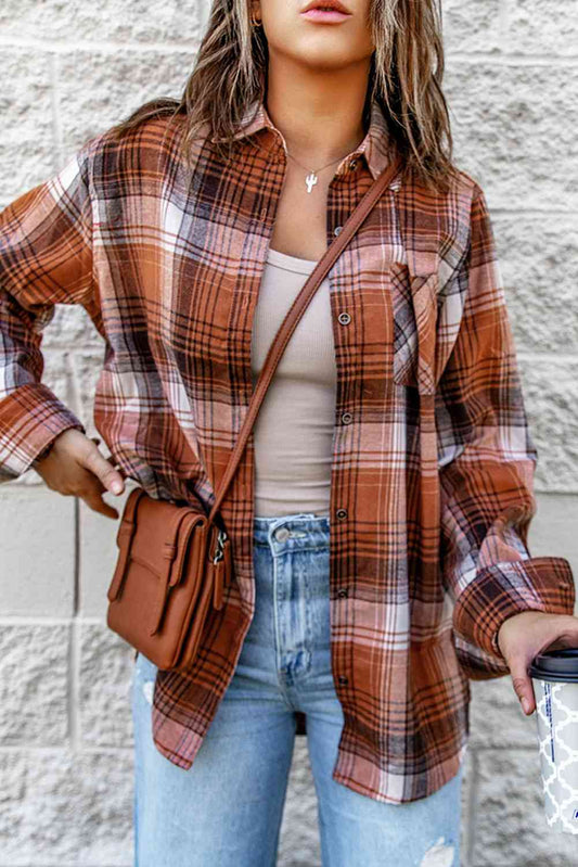 Collared Neck Long Sleeve Plaid Shirt | Casual Polyester Shirt With Buttons