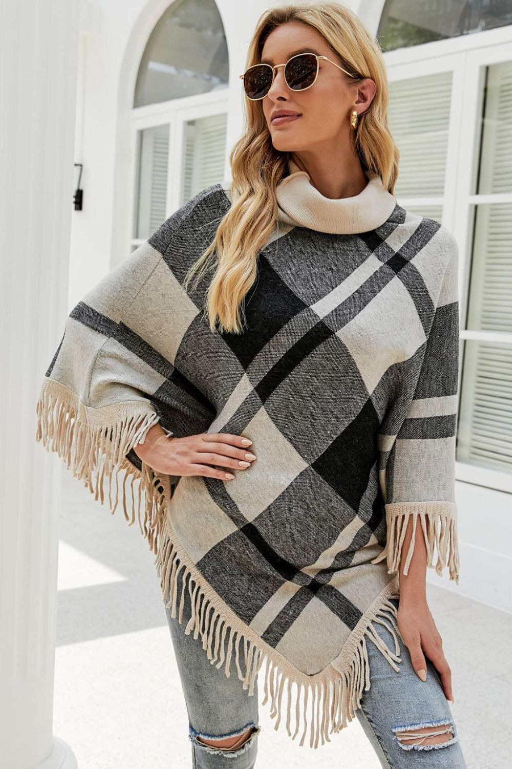 Plaid Turtleneck Fringe Hem Poncho | Trendy Casual Stretch Acrylic Poncho