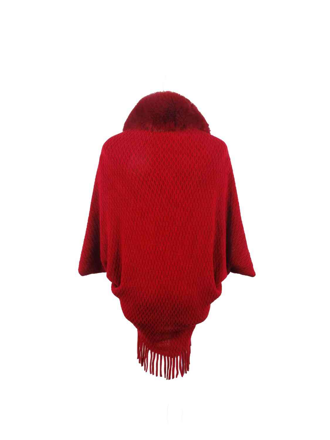 Open Front Fringe Hem Poncho | Casual Solid Fur Stretchy Polyester Poncho