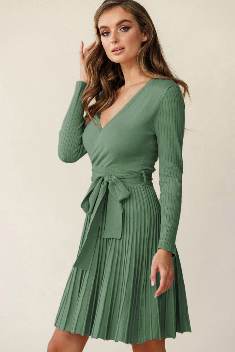 Surplice Neck Tie Waist Pleated Dress | Solid Viscose Dress With Long Sleeves