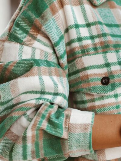 Pocketed Plaid Button Up Dropped Shoulder Shacket