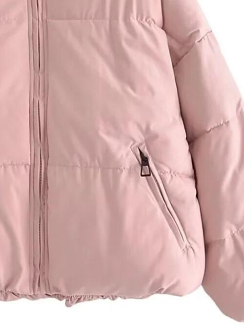 Zip Up Drawstring Winter Coat with Pockets | Polyester Coat With High Neckline