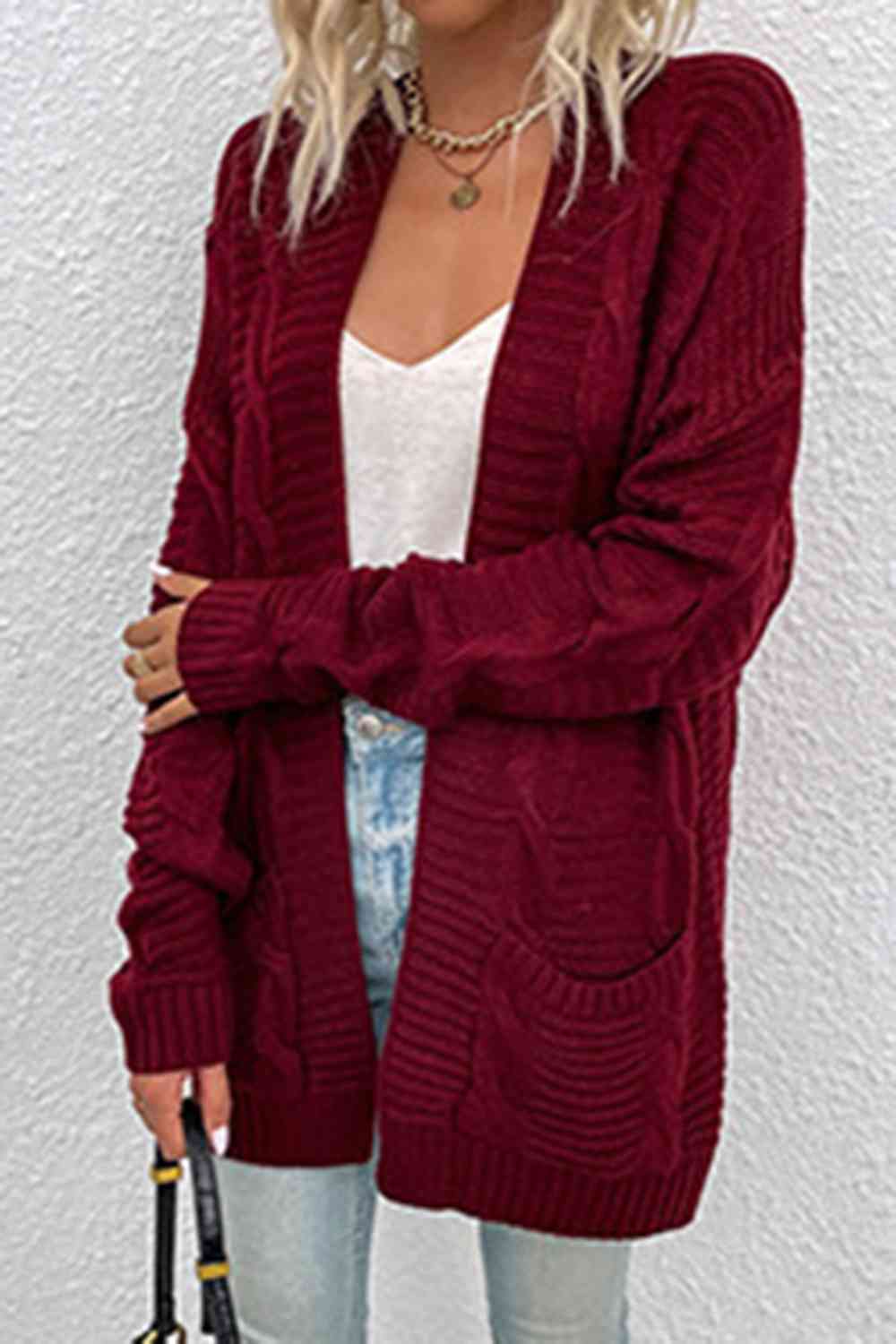 Cable-Knit Open Front Cardigan with Pockets | Casual Ribbed Polyester Cardigan