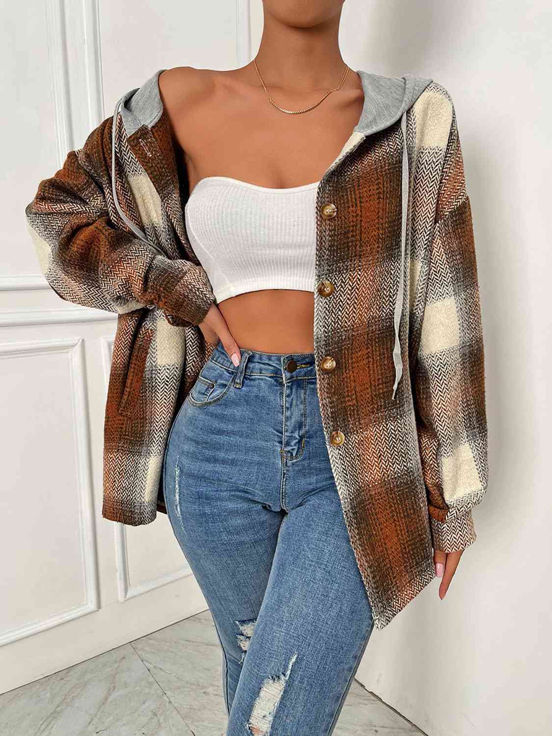 Plaid Drawstring Hooded Jacket | Casual Polyester Jacket With Button Closure