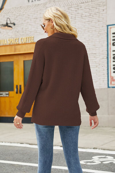 Ribbed Johnny Collar Pullover Sweater | Woman's Sweater With Cuffed Sleeves