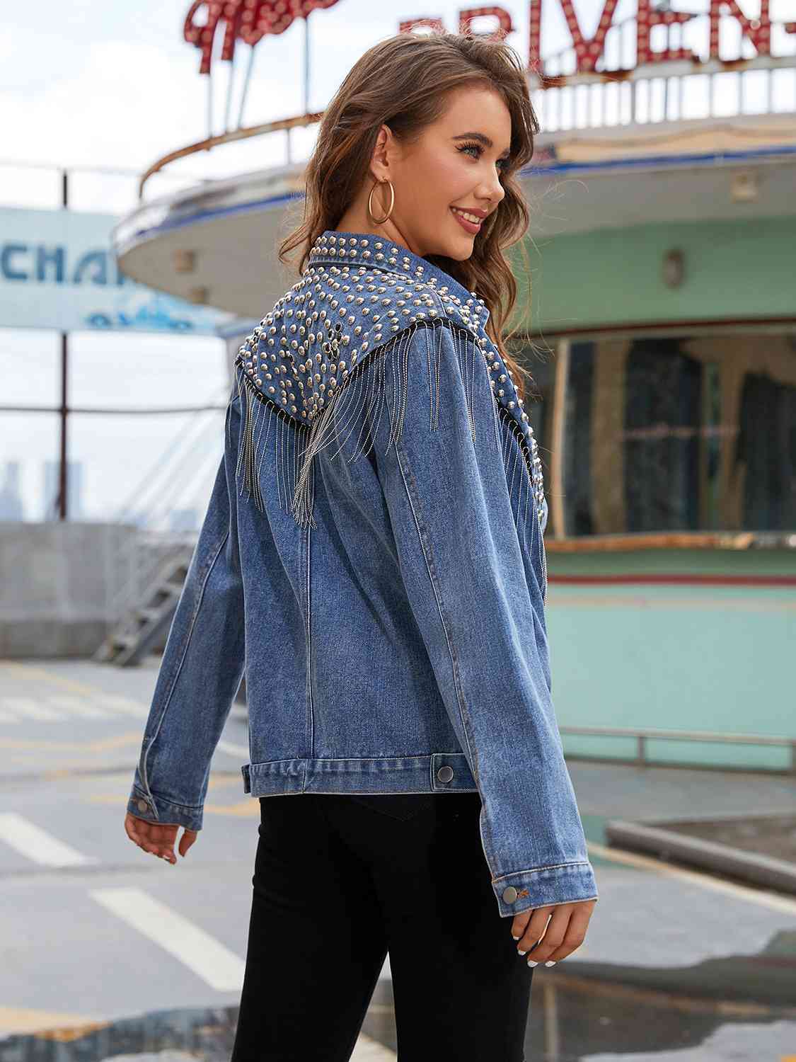 Studded Fringe Button Down Denim Jacket | Decorated Fitted Casual Jacket