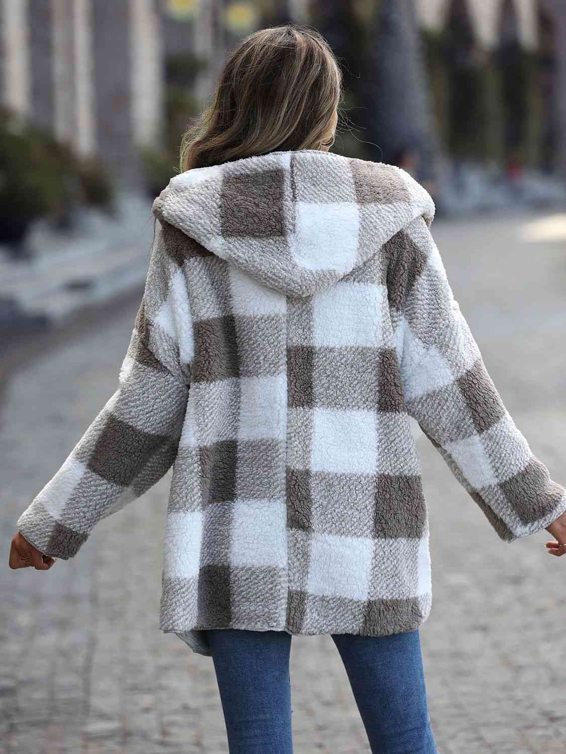 Plaid Open Front Hooded Coat | Casual Woman's Polyester Coat With Long Sleeves