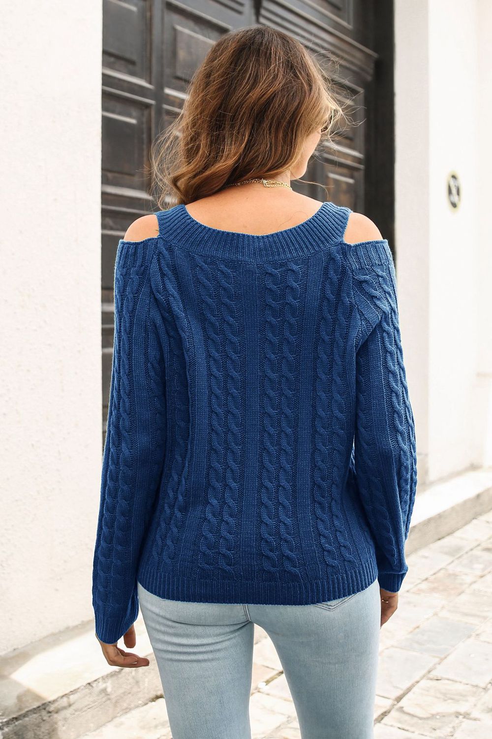 Cold Shoulder V-Neck Cable-Knit Pullover Sweater