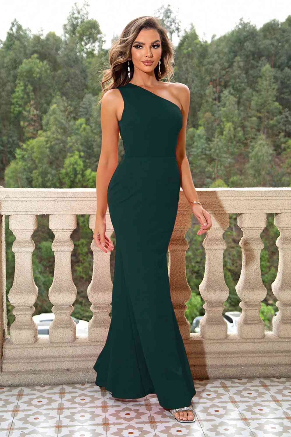 One-Shoulder Sleeveless Maxi Dress | Formal Solid Gown With Sheer Sequin Back