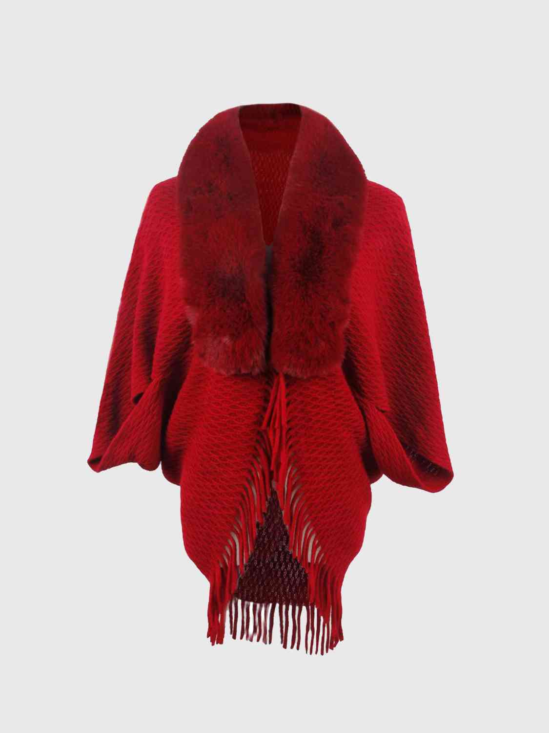 Open Front Fringe Hem Poncho | Casual Solid Fur Stretchy Polyester Poncho