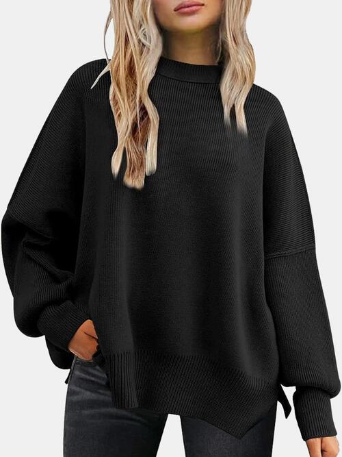 Round Neck Drop Shoulder Slit Sweater | Woman's Casual Stretchy Ribbed Sweater