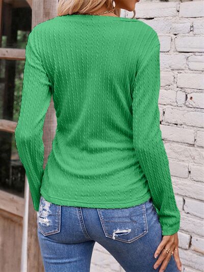 Textured Ruched V-Neck Long Sleeve T-Shirt | Casual Stretchy Polyester T-Shirt