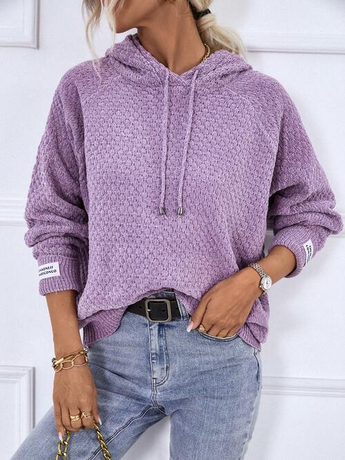 Texture Drawstring Long Sleeve Hooded Sweater | Solid Sweater With Ribbed Cuffs