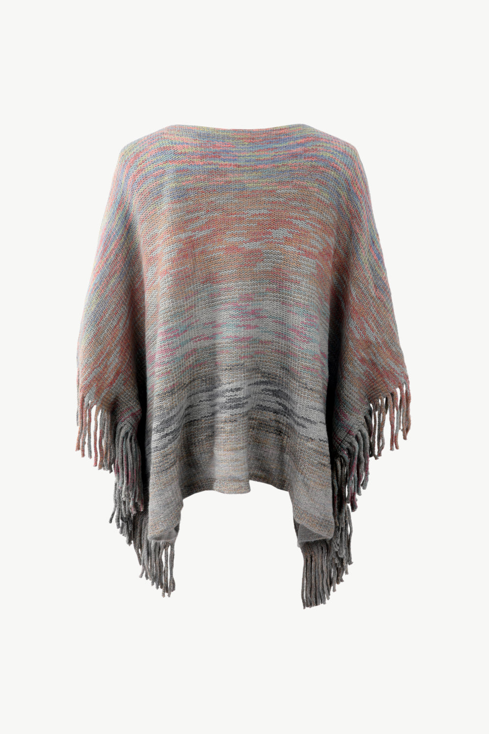 Round Neck Fringe Detail Poncho | Casual Woman's Knitted Stretch Acrylic Poncho