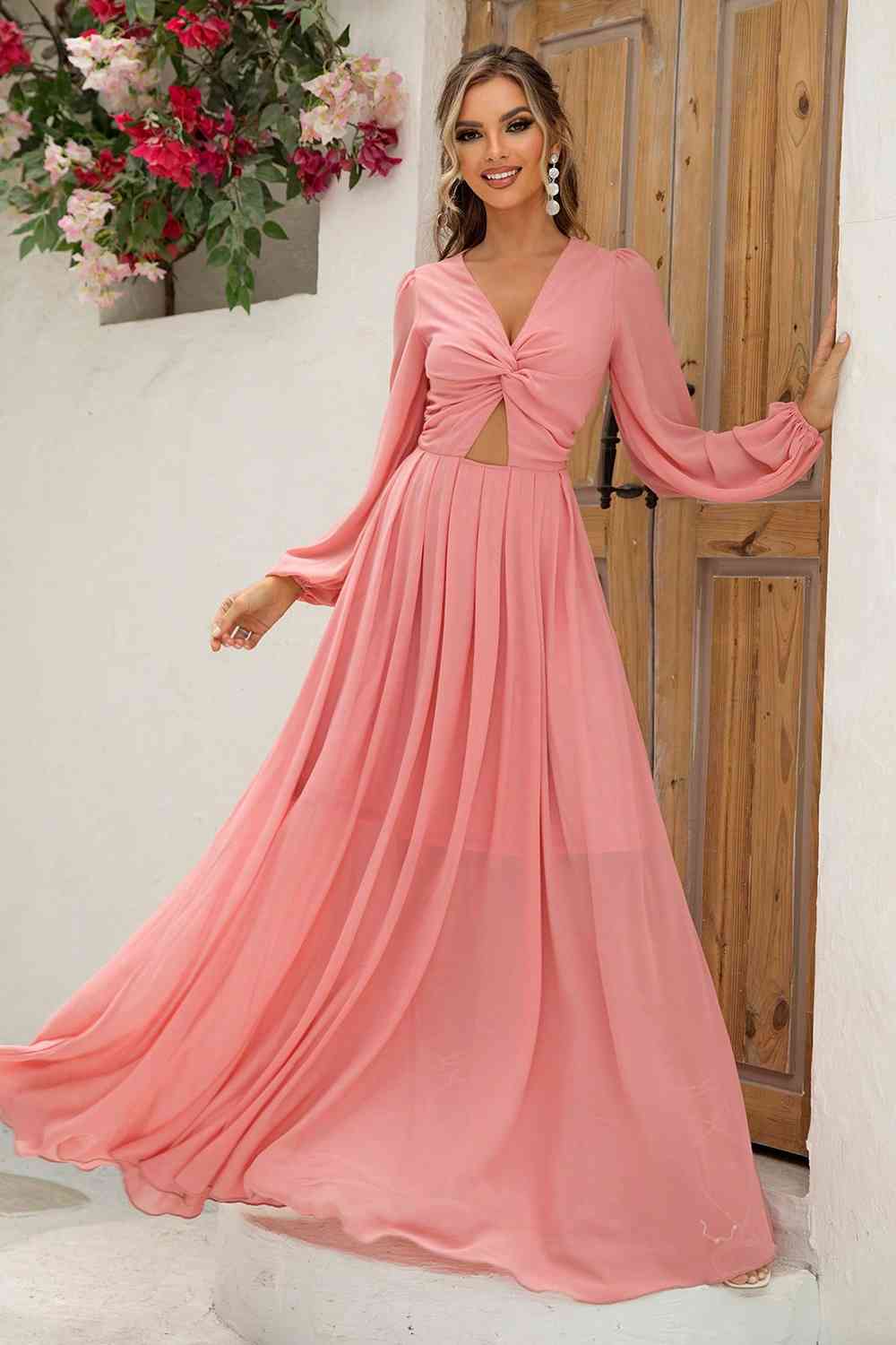 Twist Front Cutout Long Sleeve Dress | Formal Maxi Solid Polyester Dress