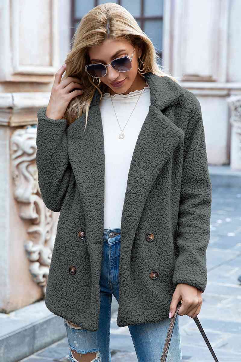 Full Size Lapel Collar Sherpa Coat | Solid  Double-breasted Pocketed Coat