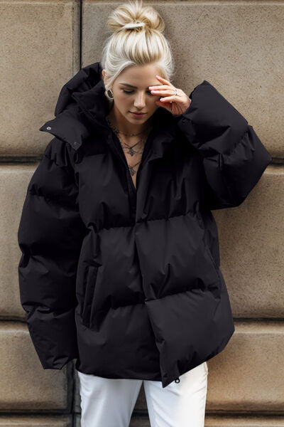 Pocketed Zip Up Hooded Puffer Jacket | Solid Polyester Jacket With Long Sleeves