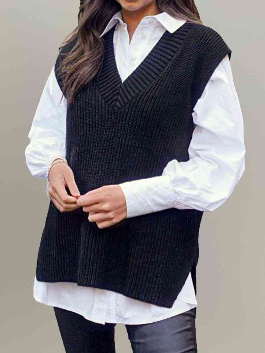 V-Neck Slit Sweater Vest | Solid Woman's Polyester Vest With Ribbed Neck