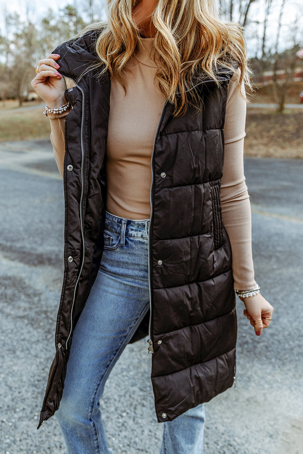 Longline Hooded Sleeveless Puffer Vest | Woman's Polyamide Vest With Pockets