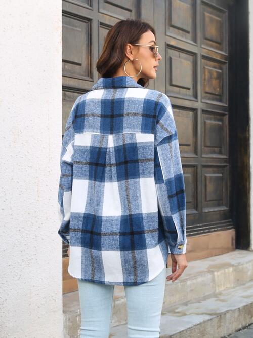 Plaid Button Up Collared Neck Long Sleeve Shirt | Pocketed Polyester Jacket