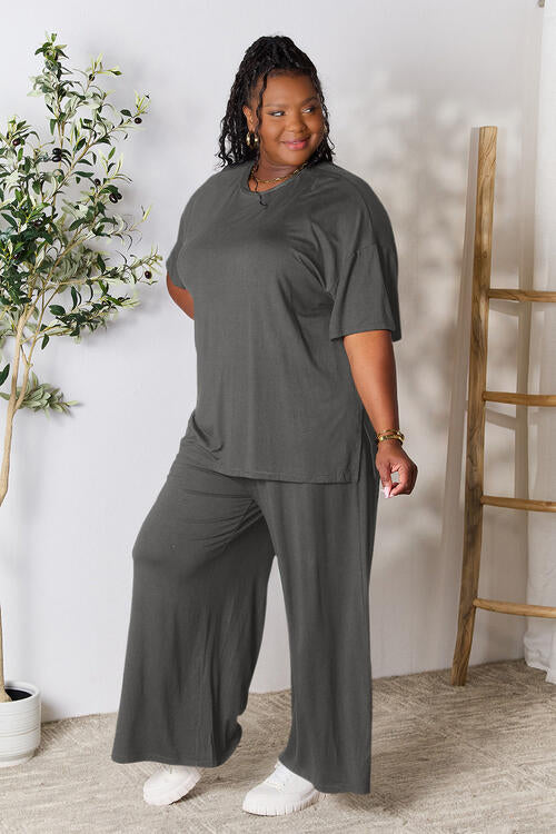 Double Take Full Size Round Neck Slit Top and Pants Set | Solid Stretchy Set