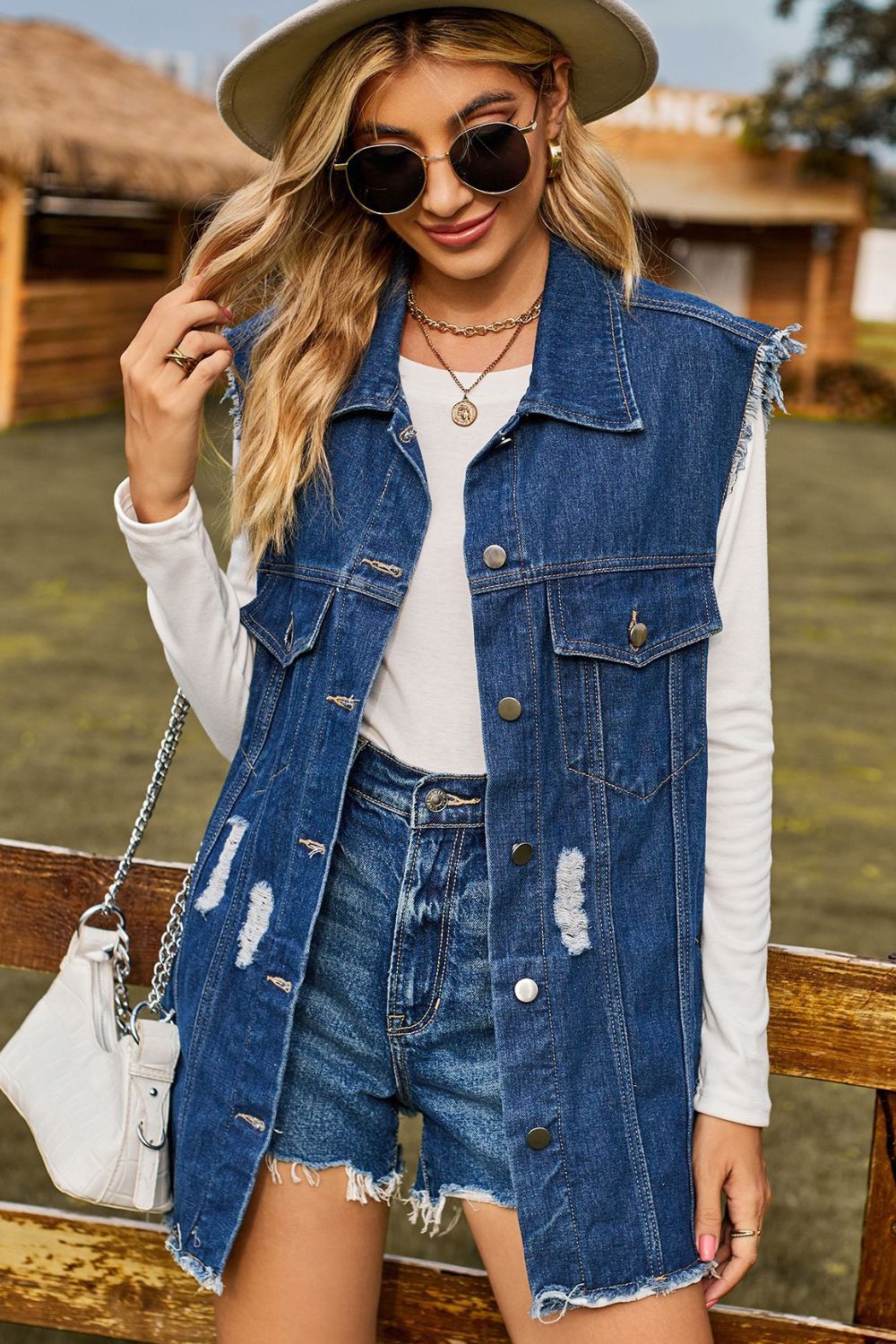 Sleeveless Button-Up Collared Denim Top with Pockets | Casual Distressed Top