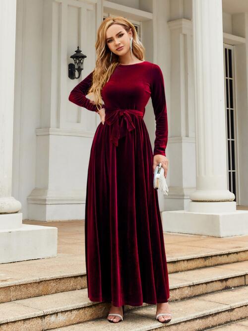 Tie Front Round Neck Long Sleeve Maxi Dress | Evening Solid Polyester Dress