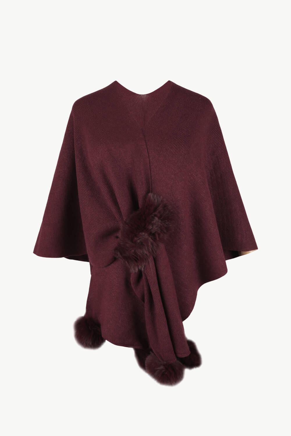 Surplice Neck Pom-Pom Trim Poncho | Casual Solid Stretchy Polyester Poncho