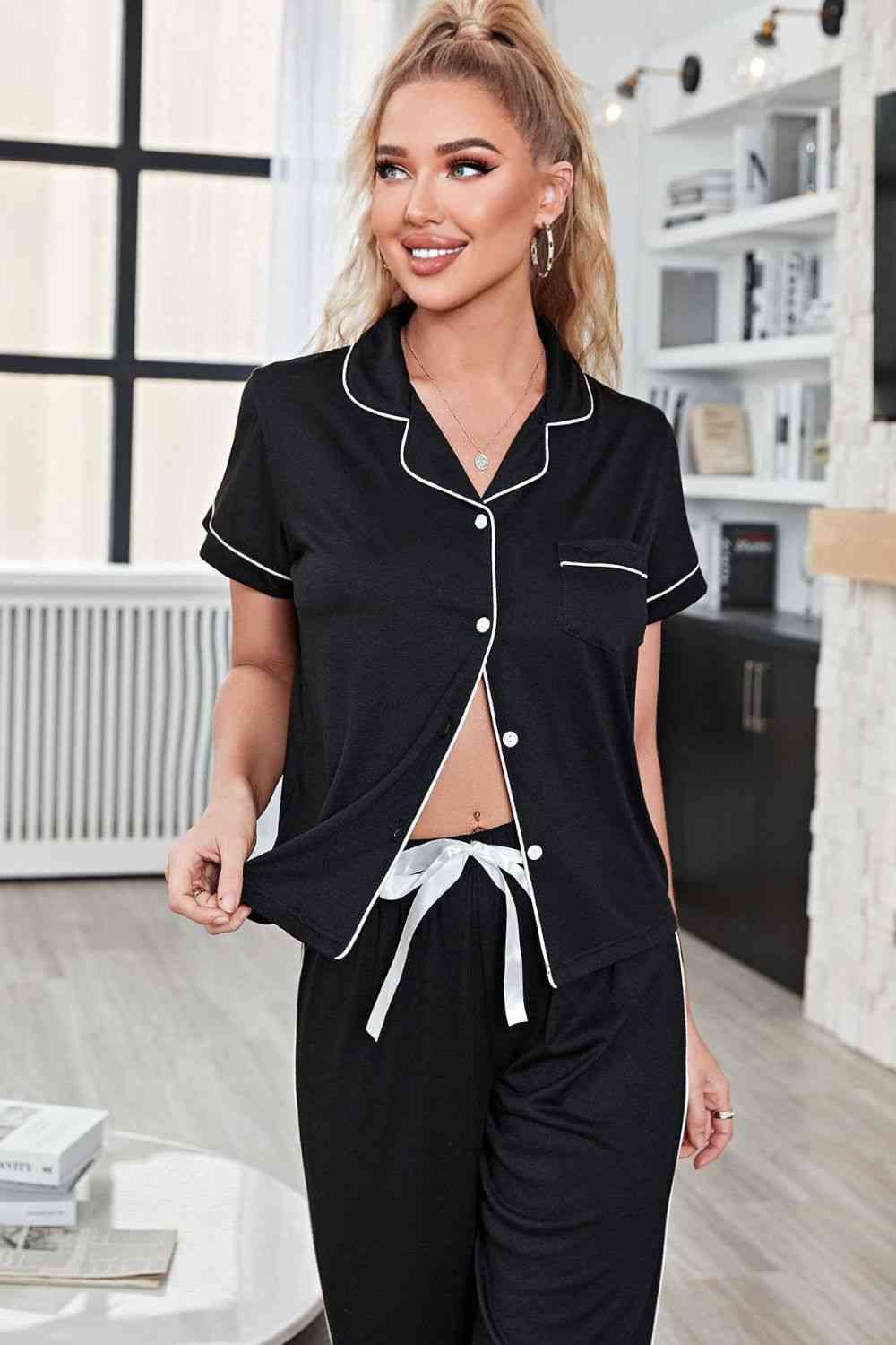 Contrast Piping Short Sleeve Top and Pants Pajama Set | Pajama With Lapel Collar