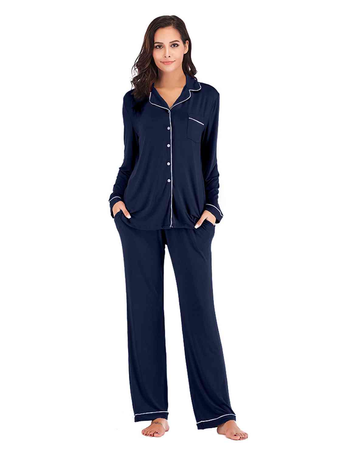 Collared Neck Long Sleeve Loungewear Set with Pockets | Stretchy Nylon Set
