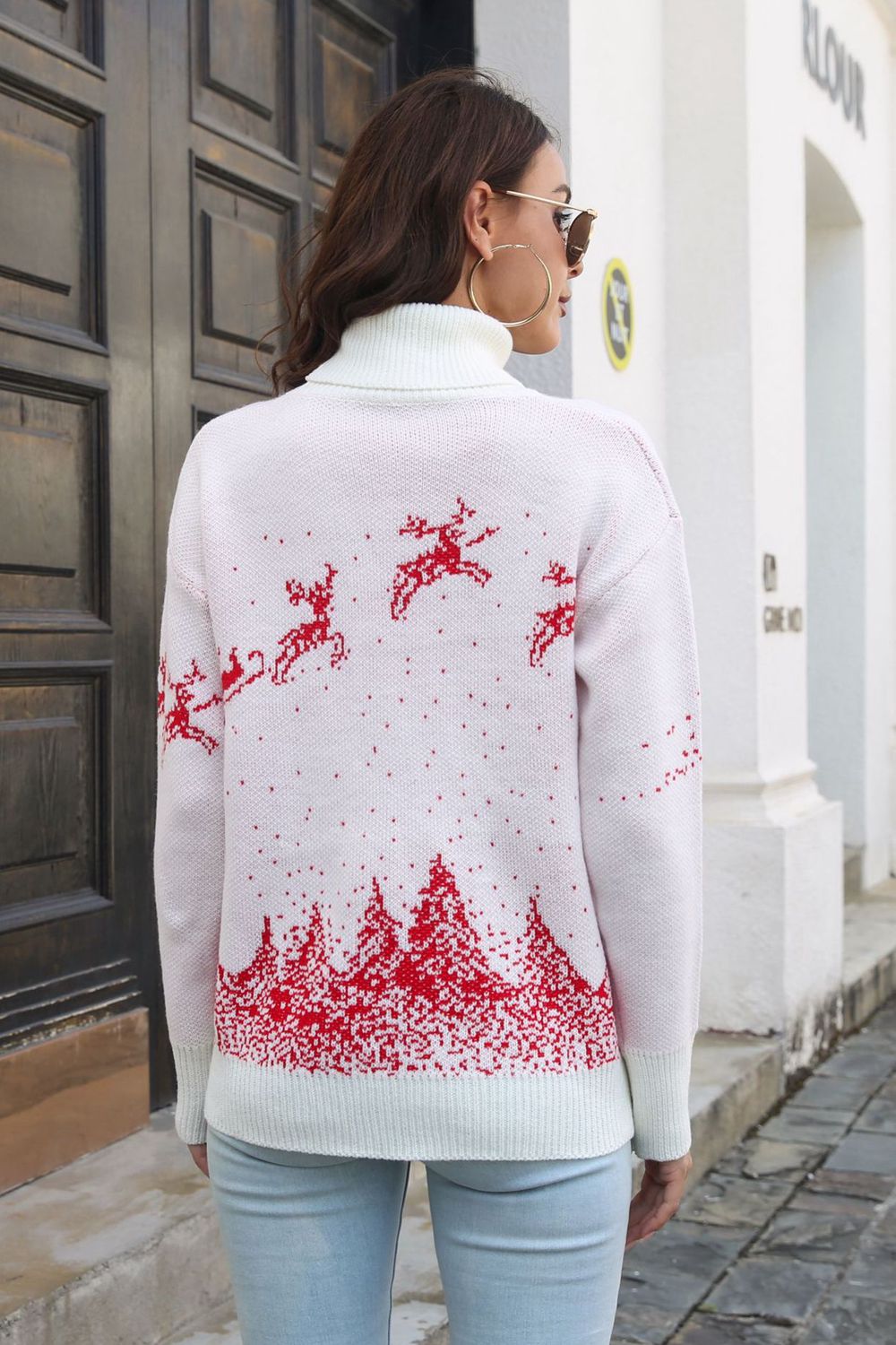 Reindeer & Snow Pattern Turtle Neck Pullover Sweater | Ribbed Acrylic Sweater