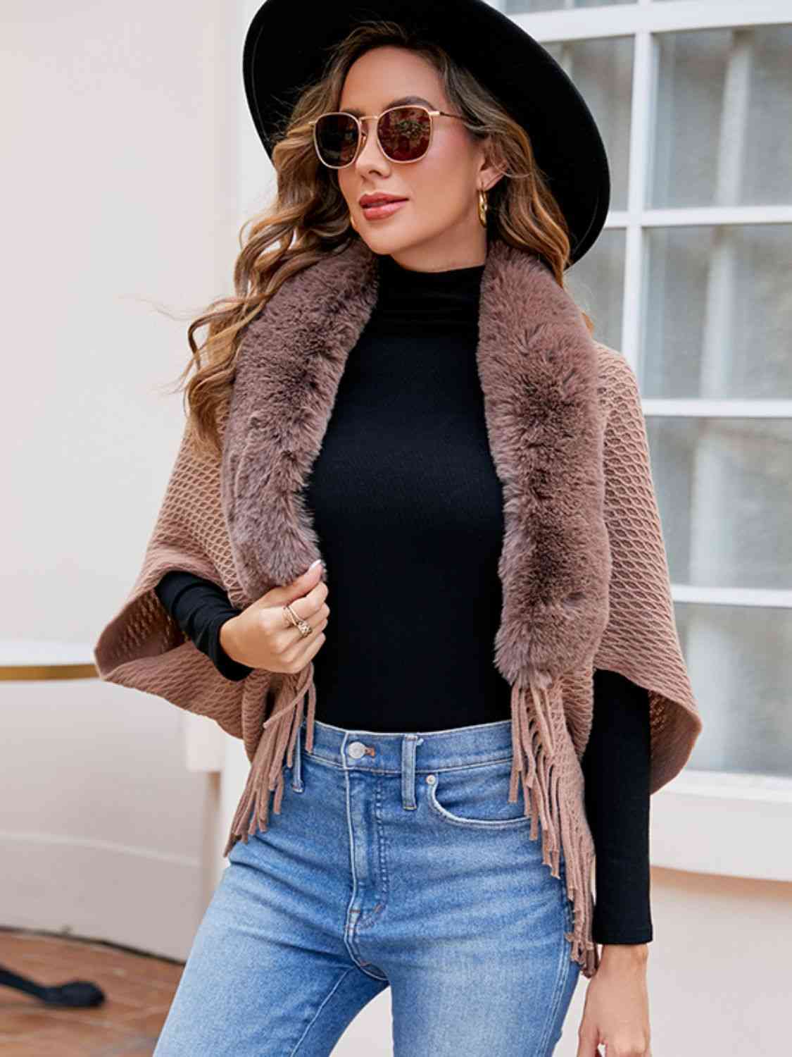 Open Front Fringe Hem Poncho | Casual Solid Fur Stretchy Polyester Poncho