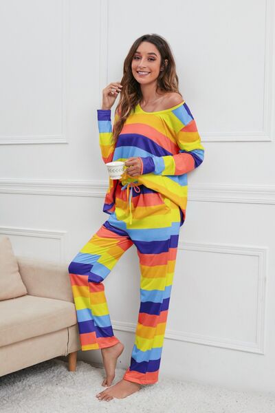 Striped Round Neck Long Sleeve Top and Drawstring Pants Lounge Set | Cotton Set