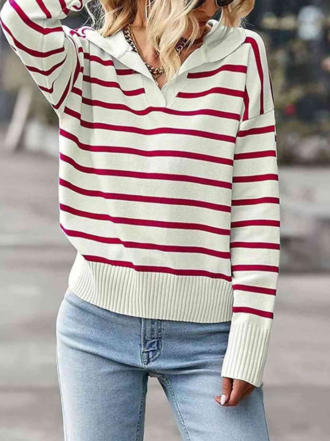 Striped Collared Neck Knit Top | Polyester Top With Ribbed Hem And Sleeves