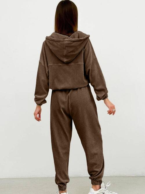 Half Zip Drawstring Hoodie and Pants Set | Polyester Set With Waistband Pants