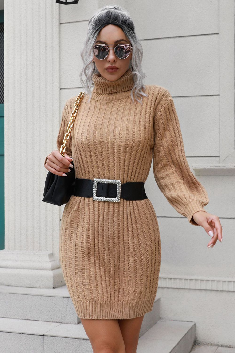 Ribbed Turtle Neck Long Sleeve Mini Sweater Dress | Solid Acrylic Sweater Dress