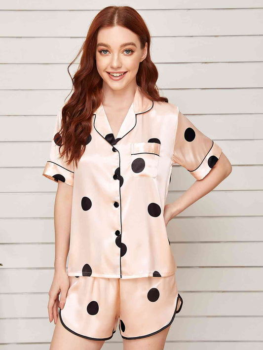 Lapel Collar Shirt and Shorts Lounge Set | Buttoned Polyester Polka Dot Set