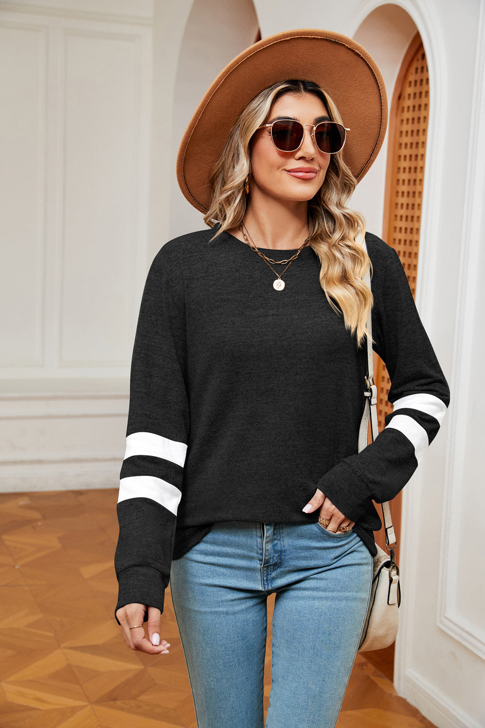 Round Neck Long Sleeve Top | Casual Stretchy Woman's Top With Cuffed Sleeves